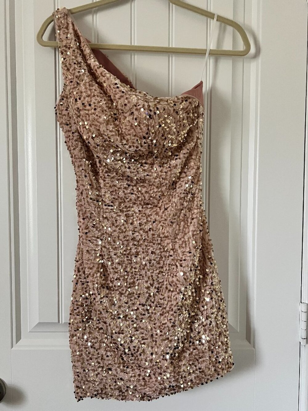 Soft Pink Velvet Sequin One Shoulder Mini‎ Dress Asymmetrical Strappy Back 6/S